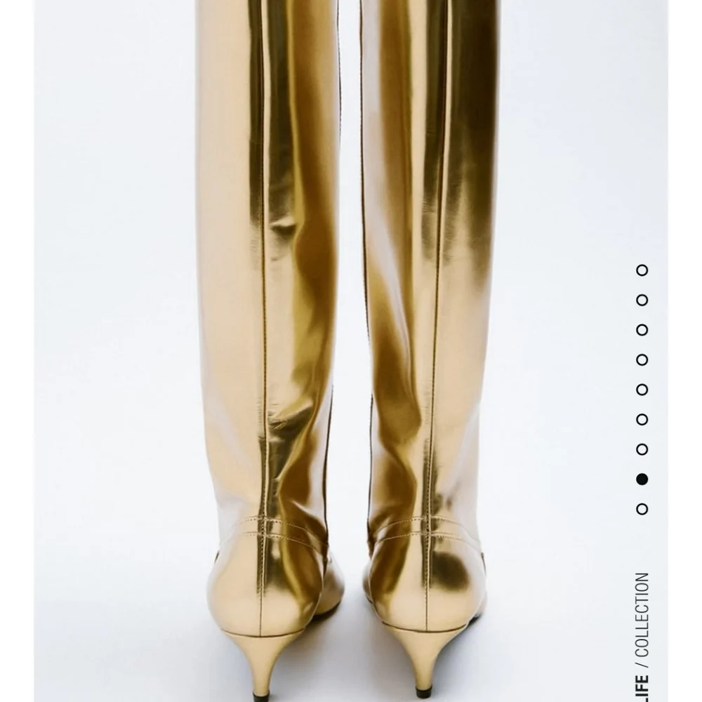 Zara NWT 38 7.5 Gold metallic patent leather boots cowboy heels patent barbie - Picture 5 of 13